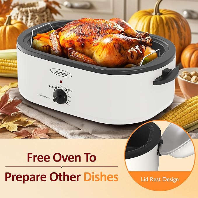 Sunvivi Electric Roaster,18 Quart Roasting Oven with Self-Basting Lid Removable Pan,Turkey Roaster Oven with 150 to 450F Temperature Control Cool-Touch Handles,White