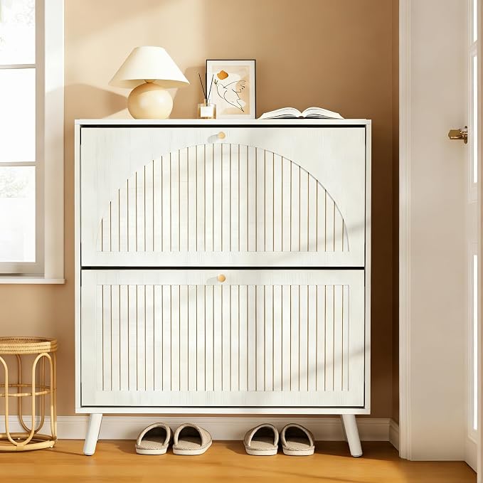 Fsbecl Shoe Storage Cabinet for Entryway with 2 Flip Drawers, Narrow Wood Shoe Cabinet with Fluted Panel, Freestanding Hidden Shoe Organizer for Foyer, Hallway (White - with Shelf)