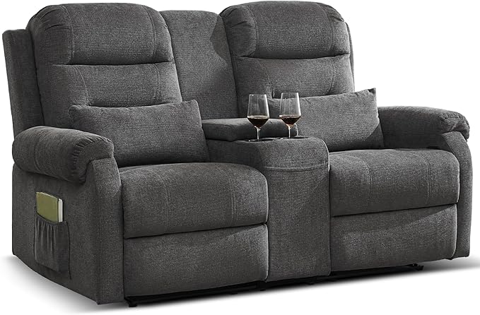 DRMBOOK RV Loveseat Recliner Sofa with Console, Flax Velvet Double Wall Hugger Reclining Couch Manual Home Movie Seating 2 Person Recliner Chair with Cup Holders/Storage/Pocket/Lumbar Pillow, Grey