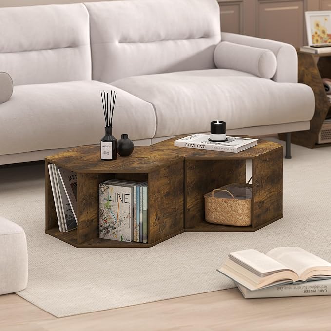 Furinno Simple Design Coffee Table, Hexagon Modern Center Table with Open Shelf, Vertical or Horizontal Side Table, for Living Room, Bedroom, Home Office, Amber Pine