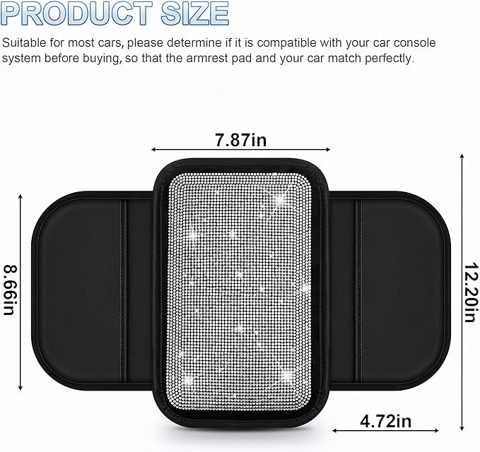 Crystal-Accented Arm Rest Cover for Car Fit for Chevrolet/Chevy Impala Sparkle Console Protector with Side Storeage,Anti-Scratch Auto Armrest Pad Accessory （Black)