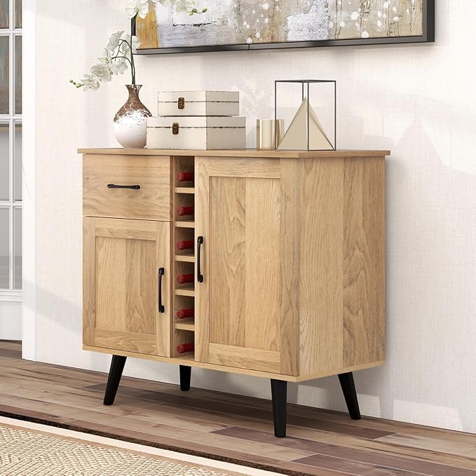 Buffet Cabinet with Storage, Liquor Cabinet w/ 6-Bottle Wine Rack, 1 Drawer & 2 Doors, Wood Buffets & Sideboards, Farmhouse Coffee Bar Table for Kitchen, Dining Living Room, Entryway (Natural)