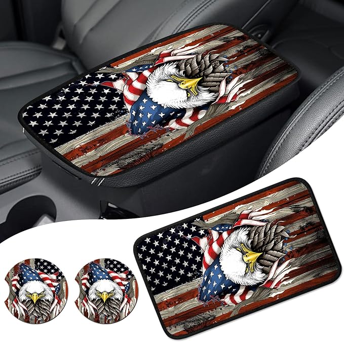 Car Armrest Cover Center Console Covers for Cars, Universal Waterproof Auto Arm Rest Covering Car Middle Console Armrest Seat Box Cover Protector +Car Coaster-Eagle on American Flag