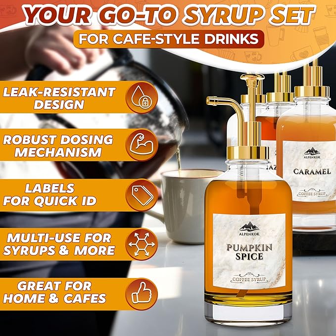 Set of 4 Coffee Syrup Bottles 16.9oz 500 ml – Coffee Syrup Glass Dispenser with 18 Marked Labels, Leak-Proof, Easy Cleaning – Coffee Station Accessories for Home Bar | Event Ready (Golden Pumps)