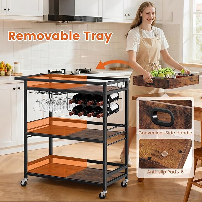 Leteuke Bar Cart for Home, 3 Tier Black Serving Rolling Carts with Wheels, Drink Cart, Liquor Stand with Removable Tray, Wine Rack and Glass Holder for Kitchen, Outdoor, Dining Room-Black Brown
