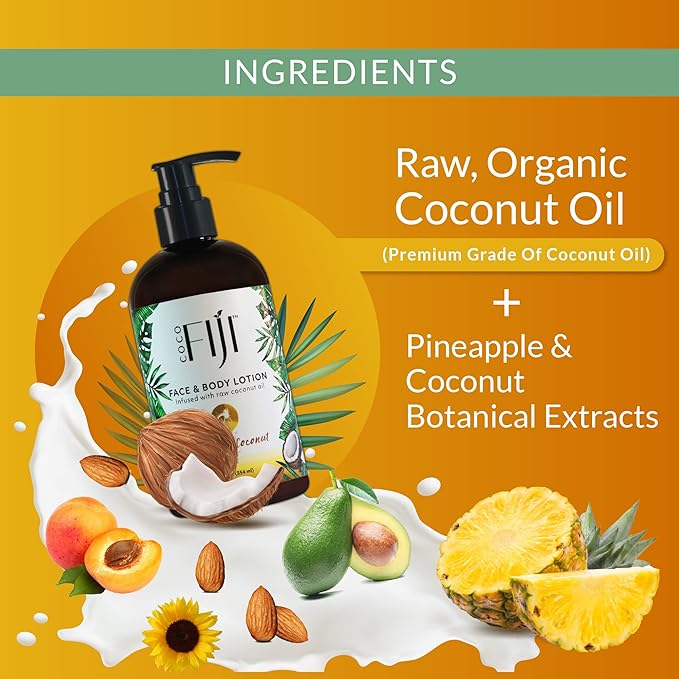 Coco Fiji Face & Body Lotion Infused With Coconut Oil | Lotion for Dry Skin | Moisturizer Face Cream & Massage Lotion for Women & Men | Pineapple Coconut 12 oz, Pack of 1
