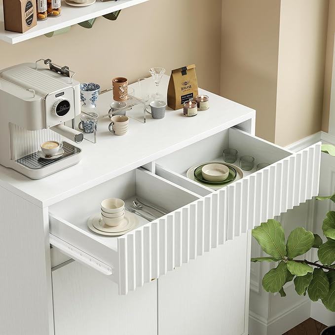 Sideboard Storage Cabinet with 2 Drawers & 2 Doors, Fluted Kitchen Buffet Cabinet with Adjustable Shelves, Coffee Bar Station for Living Room, Entryway, 13.8 x 27.6 x 35.6 Inches, White