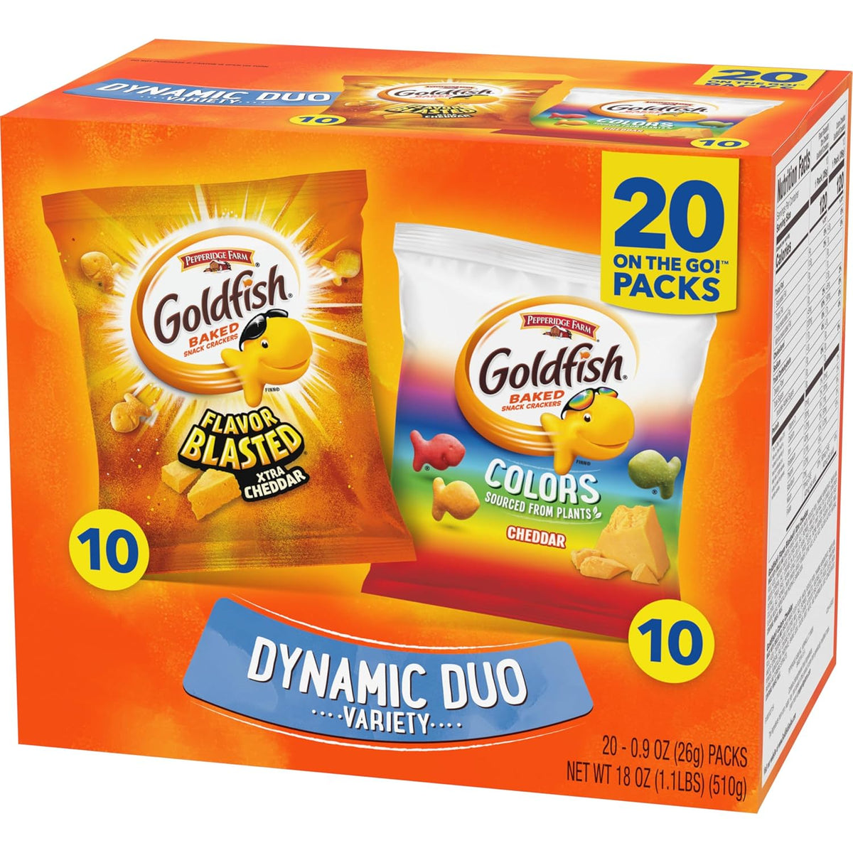 goldfish dynamic duo variety pack cheddar flavor blasted xtra cheddar snack packs 20 count