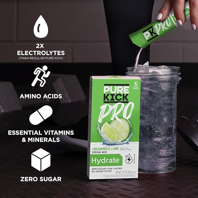 PURE KICK PRO Hydration Electrolyte Drink Mix, Cucumber Lemon, Includes 1 Box with 6 Packets in Each Box