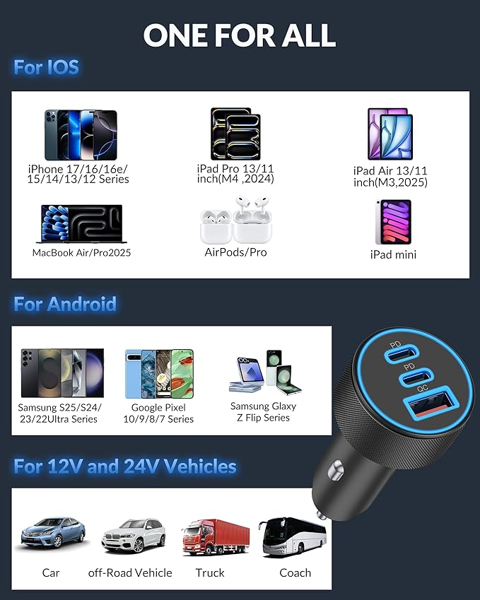 67W USB C Car Charger Super Fast Charging, 2Pack 3-Port 12-24V Car Accessories Phone Cigarette Lighter Adapter with USB C PD&QC 3.0 Fast Charger for iPhone 17 16 15 14 13 12 11 Pro Max, iPad, Galaxy