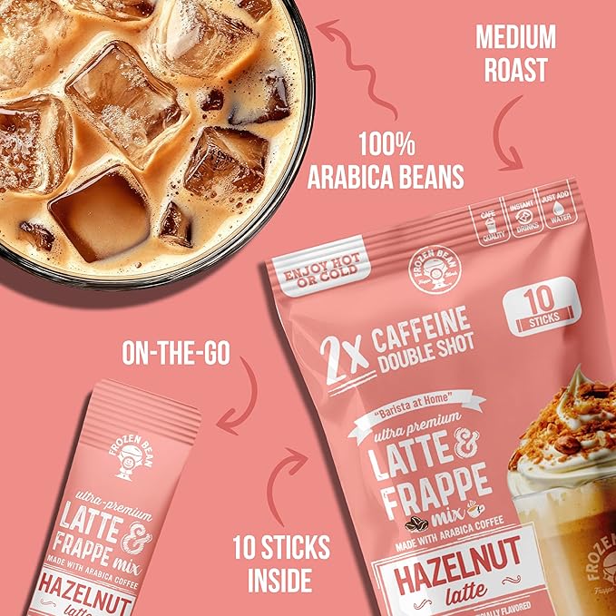 The Frozen Bean Hazelnut Frappe & Latte Instant Mix (10 Sticks), Made with Arabica Coffee, Double Shot Caffeine, Low Sugar & Premium Ingredients, Hot, Iced, or Blended Drinks