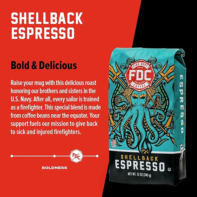 Fire Department Coffee Shellback Espresso Medium Roast Whole Bean Coffee - 12 oz (12 Pack) - Gives Back to Firefighters - Roasted in the USA - Veteran Owned