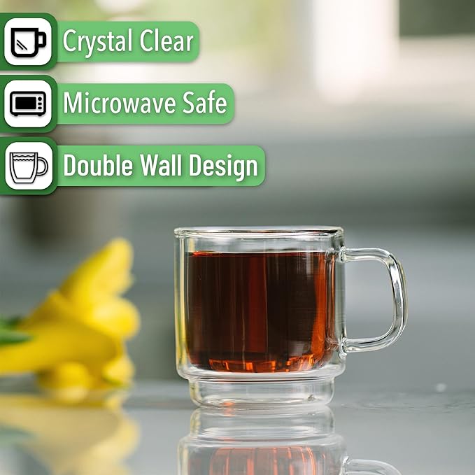BTaT- Double Walled Stackable Glass Coffee Mugs, 8 oz, Set of 4, Glass Coffee Cups with Handle, Insulated Clear Coffee Mug for Hot and Cold Beverages, Cappuccino, Latte, Tea, Americano