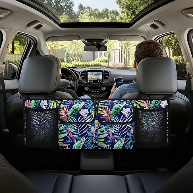 Car Storage Organizer New Version,Tropical Plant Floral Hanging Trunk Organizer with 4 Functional Storage Bags, Car Trunk Storage Bag for SUV Truck MPV VAN