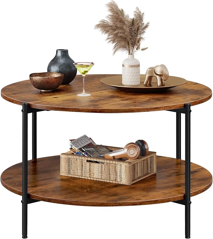 WLIVE Round Coffee Table, 32.6" Small Coffee Table with Storage Shelf, 2-Tier Circle Wood Center Table for Living Room, Apartment, Rustic Brown