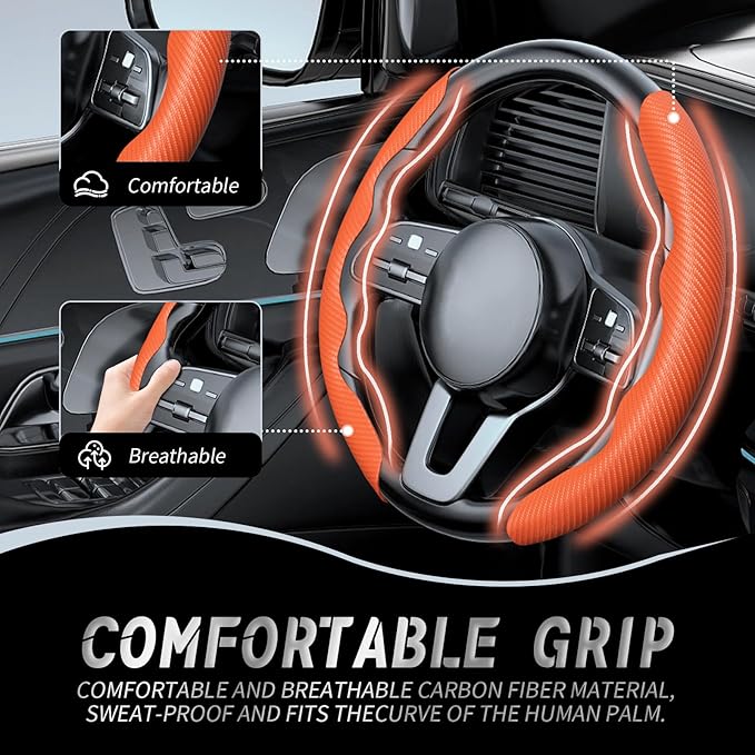 WOCOCN 2pcs Car Steering Wheel Cover,Anti-Skid Carbon Fiber Steering Wheel Protector for Men Women,Multiple Color Options,Universal for Most Car Interiors Accessories (Orange)