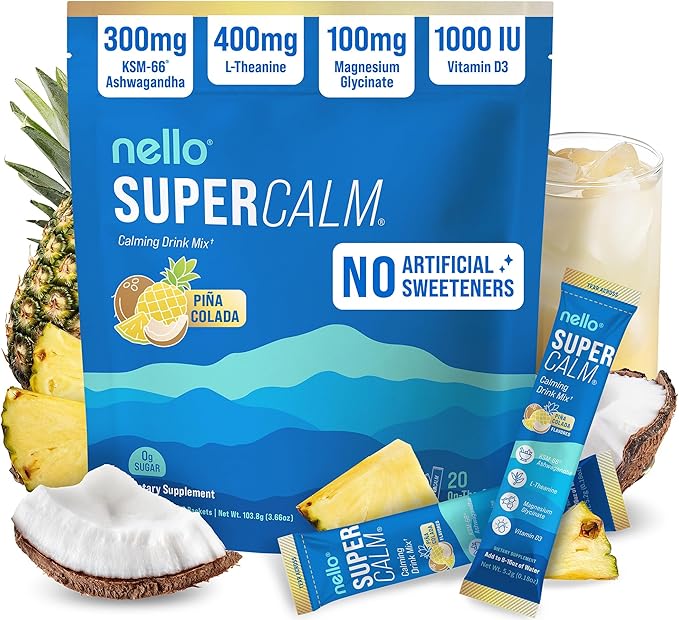 Nello Supercalm Powdered Drink Mix, Cortisol Reducer* and Sleep Aid Supplement, L Theanine, Ksm-66 Ashwagandha, Magnesium Glycinate, Vitamin D 3, No Sugar, Non GMO, On The Go, 20 Ct, Pina Colada