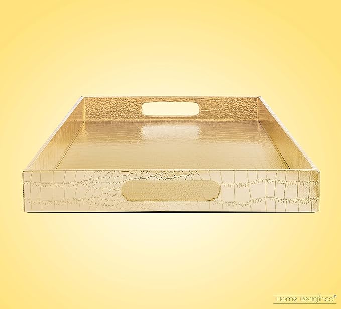 17.5"x12" Gold Glossy Crocodile Faux Leather Serving Tray Beautiful Modern Elegant Decorative Tray with Handles Ottoman Coffee Table Tray for All Occasion's