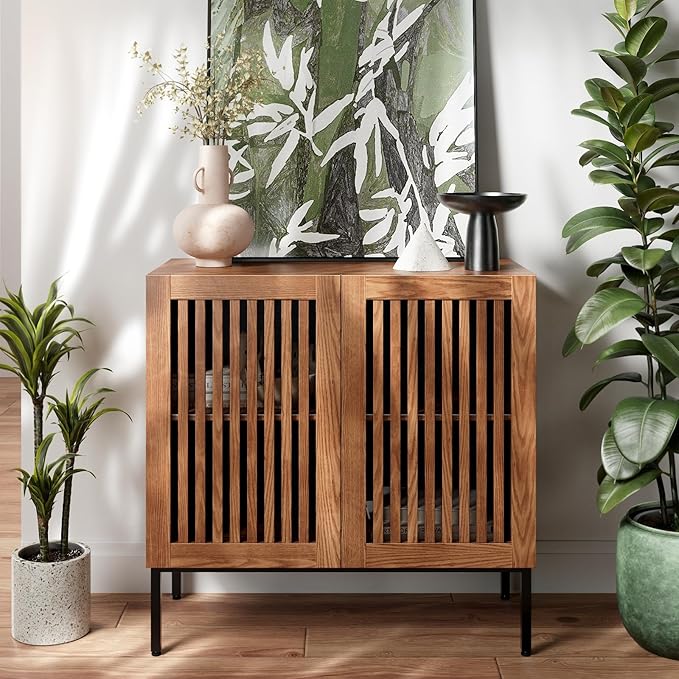 Storage Cabinet, Modern Coffee Bar with Adjustable Shelf and Metal Base, 32 Inch Wood Multifunctional Console Table for Kitchen, Living Room, Entryway, Brown
