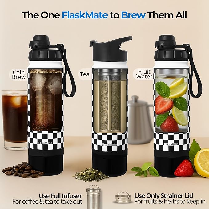 Cold Brew & Tea Infuser Bottle – 18oz Travel Water Bottle with Storage, Dual Lids & Coffee Filter – Fruit Water & Coffee Maker – FLASKMATE All-in-One System (Classic Chess)