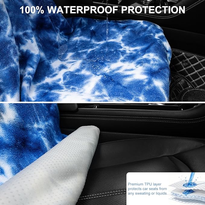 Car Seat Towel Covers with Storage Bag, Waterproof Sweatproof Towel Seat Cover Universal Front Seat Covers Washable Non-Slip Seat Protector for Workouts(Blue & White - Point, 1Pcs Front Seat Cover)