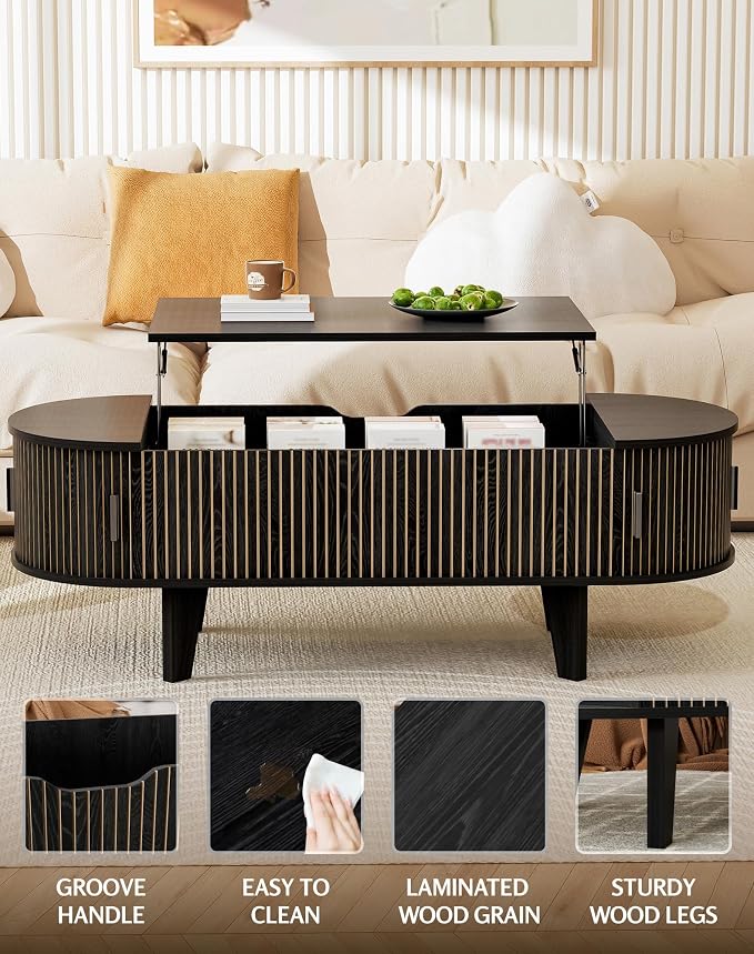 Oval Coffee Table with Storage, 47.2" Fluted Lift Top Coffee Table with 180° Sliding Tambour Door, Mid Century Modern Center Table for Living Room, Office, Cafe, Black