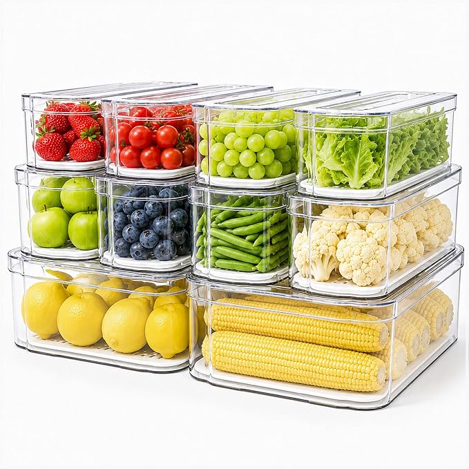 SMRCAD Fridge Organizers and Storage, 10 Pack Clear Organizer Bins with Lids for Kitchen, Pantry, Refrigerator, Food, Fruit, Vegetable Storage