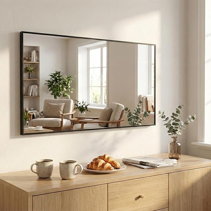 48''x30'' Black Bathroom Mirror, Large Metal Framed Vanity Mirror for Wall, 30x48 Horizontal Mirror Over Sink, Modern Farmhouse, Flush Mount