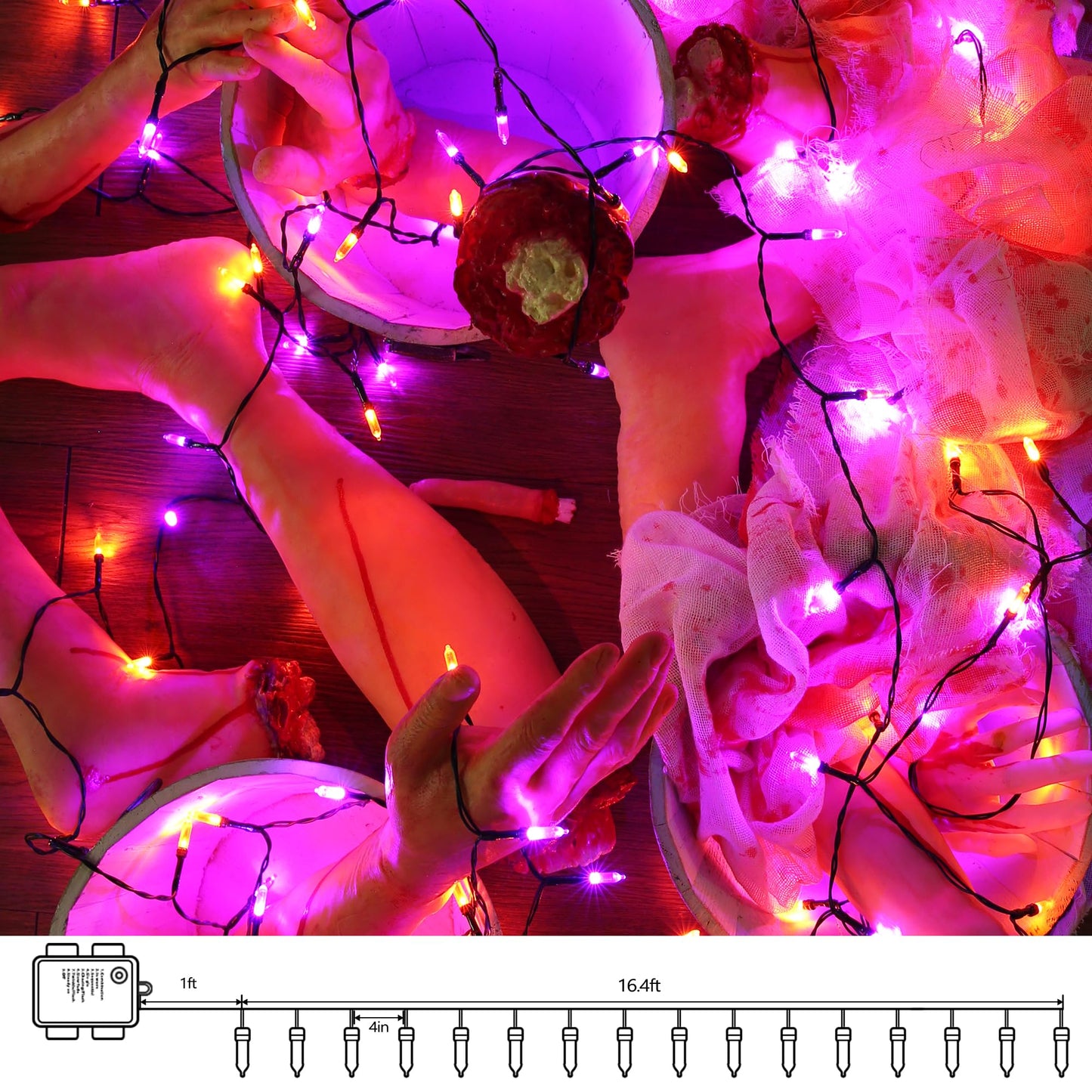 Lomotech Battery Operated Halloween Lights, 33ft, 100 LED, Orange & Purple, Waterproof, 8 Modes, Timer, Black Wire, 2 Pack