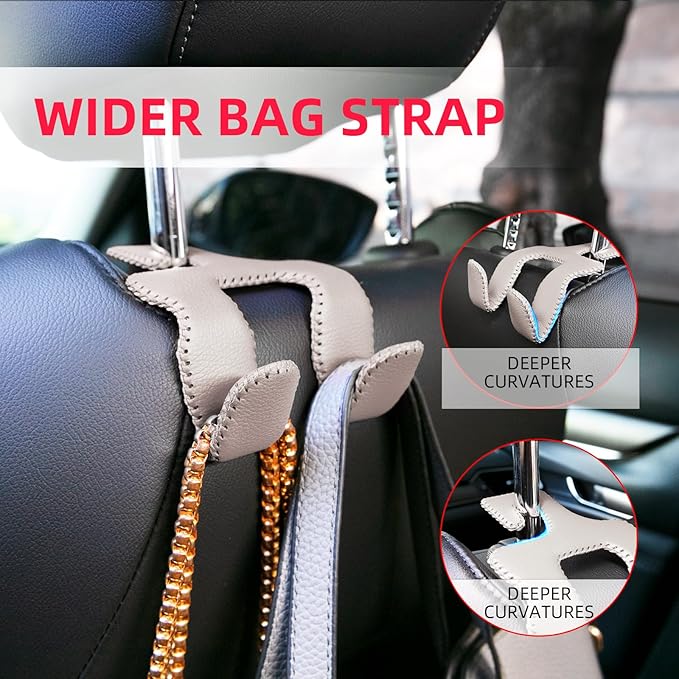 Car Hooks for Purses and Bags, 2-in-1 Durable Hanger, Leather Headrest Hook, Car Back Seat Organizer, 1-Pack, Beige