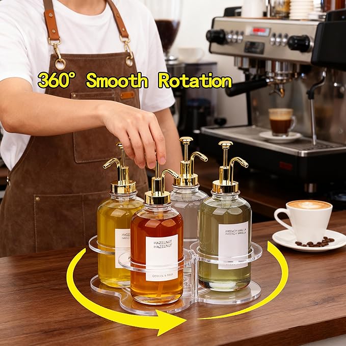 Acrylic Syrup Dispenser Organizer, 360°Rotating Storage Rack for 4 Bottles,Clear Coffee Syrup Bottle Holder for Coffee Station Accessories,Home Bar,Kitchen-Fits 16.9 oz Bottles(Syrup Rack Only)
