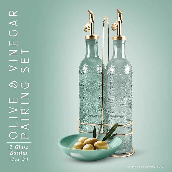 COOK WITH COLOR Glass Olive Oil Bottle Dispenser - 2 Pack- 17oz Oil and Vinegar Cruet - Olive Oil Carafe Decanter for Kitchen, Champagne Bubbles, Green