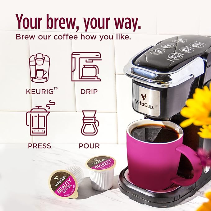 VitaCup Beauty Collagen Coffee Pods for Hair, Skin & Nails, with Biotin & Folate, Medium Dark Roast, Keto Friendly, Single Serve Pod Compatible with Keurig K-Cup Brewers,32 Ct