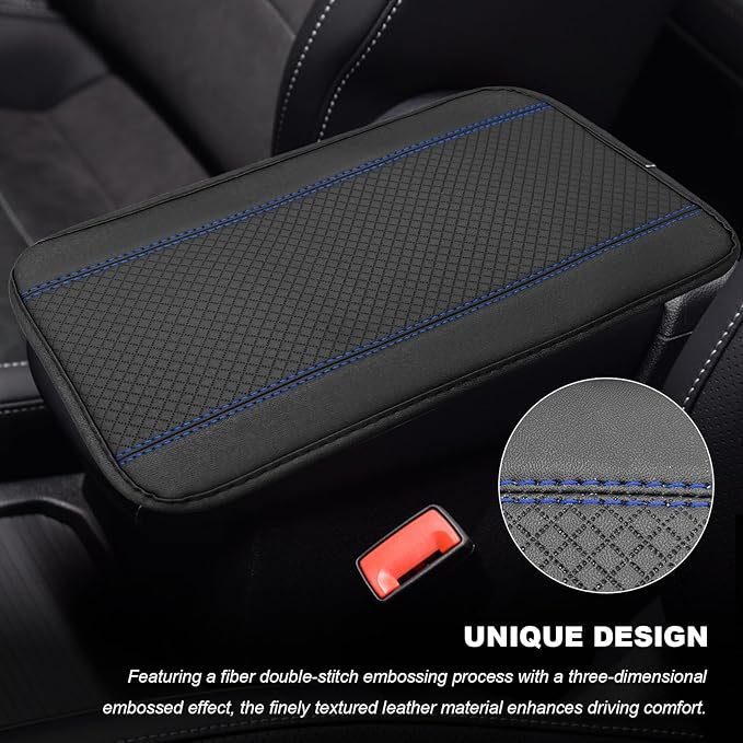 Car Armrest Storage Box Mat, Leather Embossing Auto Center Console Cushion Protective Pad, Anti-Scratch Waterproof Armrest Seat Box Protector for Most Cars Trucks SUVs (Black & Blue)