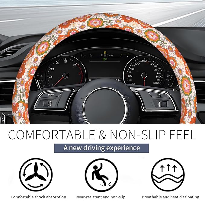 Steering Wheel Covers for Car, Truck, and SUV, Cute Non-Slip Breathable Elastic Steering Wheel, Car Accessories, Universal 15 Inch Leather Cover for Men Women Blooming Floral