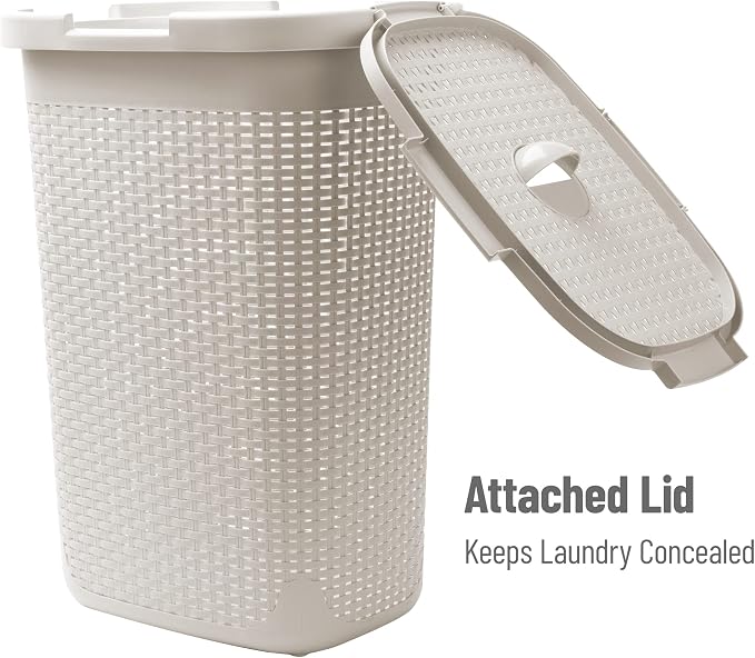 Mind Reader Slim Laundry Hamper with Lid, 60L Tall Clothes Basket, Narrow Tapered Design for Bathrooms, Closets and Laundry Rooms, Plastic, Ivory