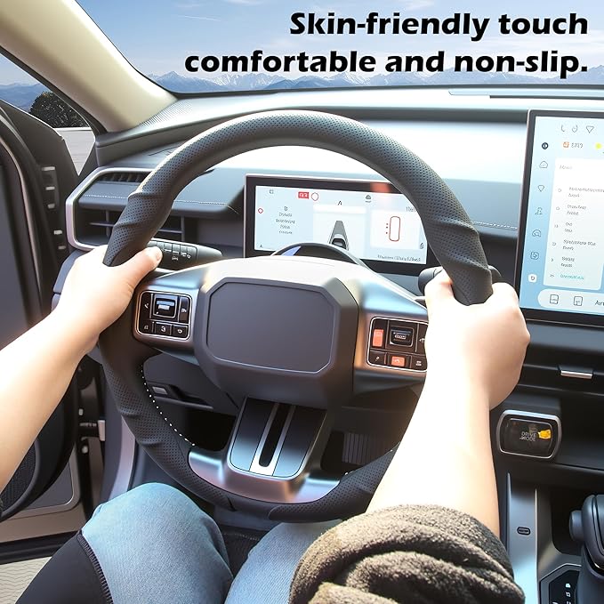 Leather Steering Wheel Cover – 14.5-15 in Universal Black, Perforated Breathable Grip, Anti-Slip Sport Ridge Pattern, Odor-Free Car Interior Upgrade for Cars Trucks SUVs