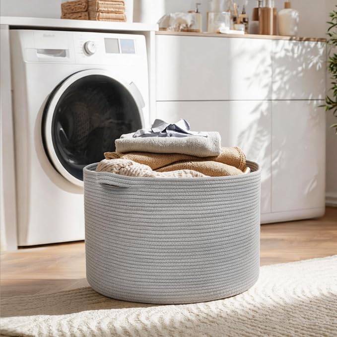 MEGASKET 115L Super Large Gray Blanket Basket, 23.6"x15.7" Woven Cotton Rope Storage Basket for Laundry, Towel, Pillow, Oversized Kids Dog Toy Storage Bin, Grey XXXL Blanket Holder for Living Room