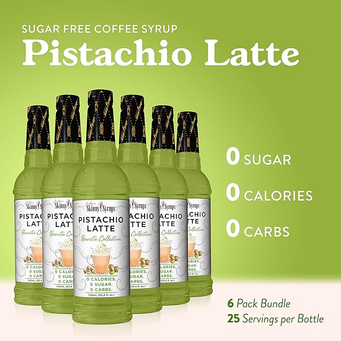Jordan's Skinny Mixes Syrups Sugar Free Coffee Syrup, Pistachio Flavor Drink Mix, Zero Calorie Flavoring for Chai Latte, Protein Shake, Food & More, Gluten Free, Keto Friendly, 25.4 Fl Oz (Pack of 6)