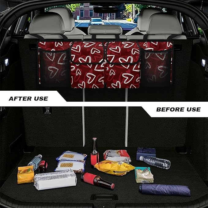 CLOHOMIN Red Heart Car Trunk Organizers for Women Valentine's Day Car Storage Organizer for SUV Truck Sedan Car Trunk Tool Organizer with 4 Pockets Auto Storage Accessories