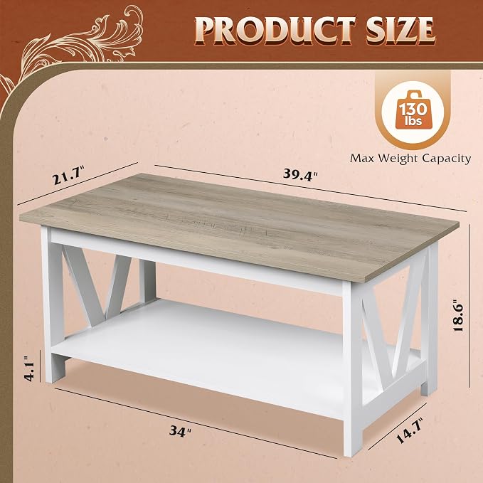 WLIVE Coffee Table for Living Room with Storage Shelf, 39.4" Farmhouse Coffee Table with V-Frame Support, 2-Tier Wood Rustic Center Table for Home Office, Apartment, Greige & White