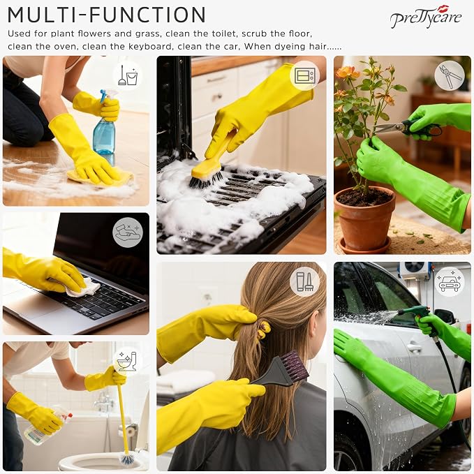 PrettyCare 2 Pairs Rubber Cleaning Gloves long & short for Household - Reusable Dishwashing Gloves for Kitchen, Flexible Long-lasting
