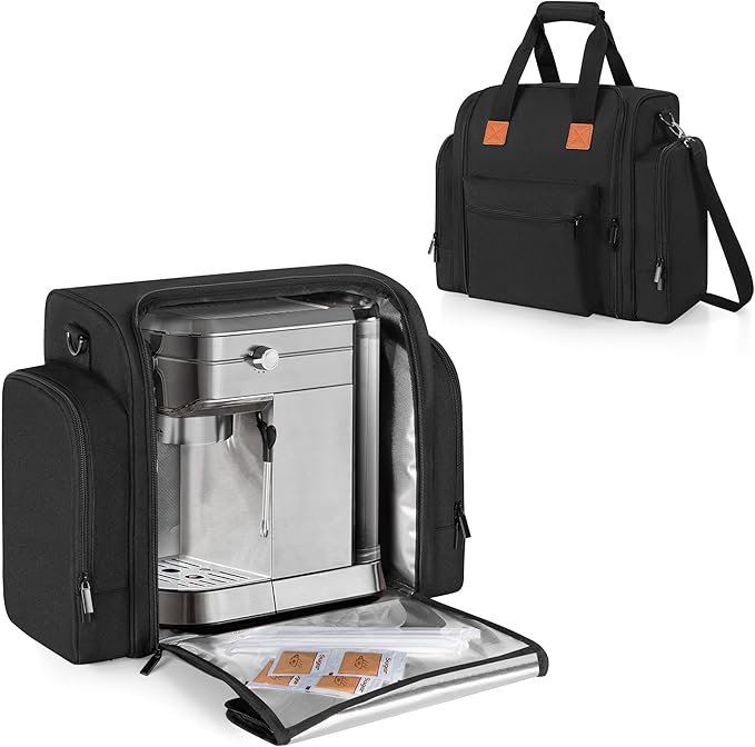 Yarwo Coffee Maker Bag Compatible with Keurig K-Mini/CASABREWS CM5418/3700/ATATIX, Wide Open Coffee Machine Travel Case with Insulated & Mutiple Pockets for Coffee Maker, Pods, Grinder and Supplies