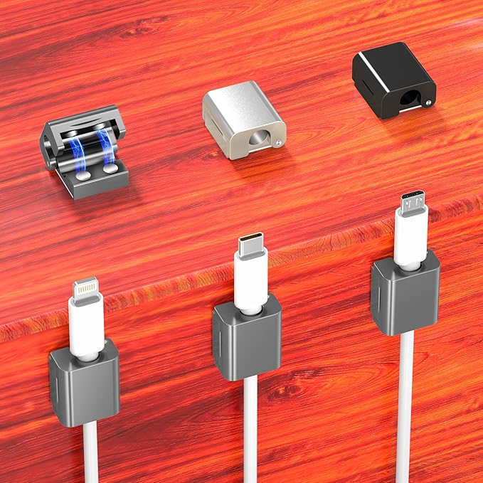 AGVEE 4 Pack Magnetic Cord Organizer Clips, 10mm Ultra-Thin Aluminum Cable Management Holder, 2 Pairs of Strong Magnets Keeper for Home Desk Office Gadgets Accessories, Residue-Free Tape, Dark Gray