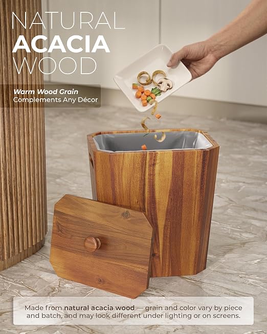 BLUEWEST 2.6 Gallons Acacia Wooden Bathroom Trash Can with Lid & PP Liner – Small Wastebasket with Handle, Decorative Wood Bin for Bedroom, Office or Under Counter Use