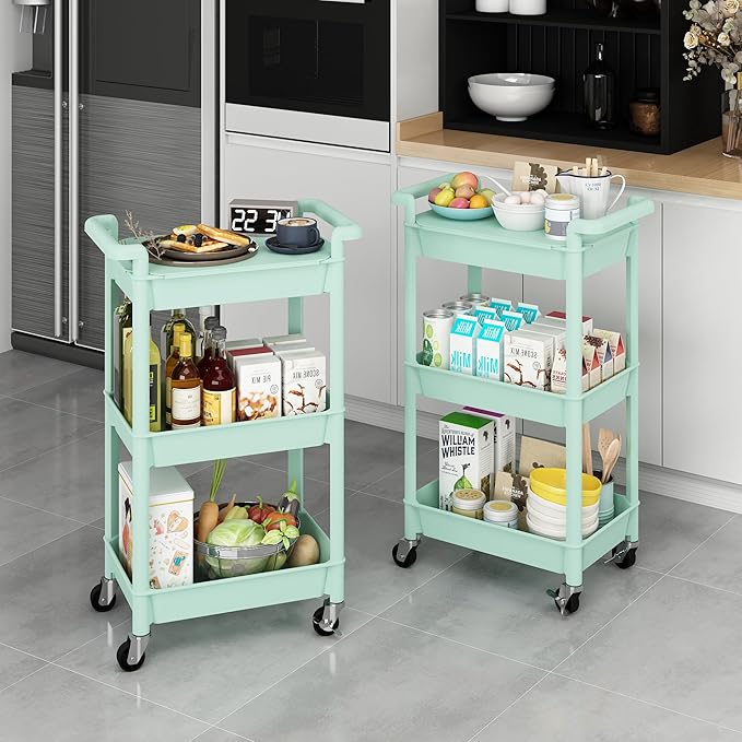 MIOCASA Utility Rolling Cart with Cover Top Board, 3-Tier Kitchen Storage Organization, Art Cart with Wheels for Office, Classroom, Livingroom, Kitchen, Bathroom (Green, 3-Tier-Plastic)