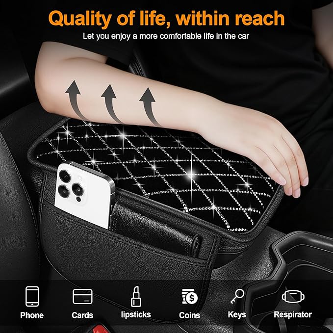 Car Center Console Bling Cover Fit for Buick Lacrosse Quilted Waterproof Leather Armrest Pad with 2 Pockets Crystal Rhinestone Non-Slip Backing (Black)