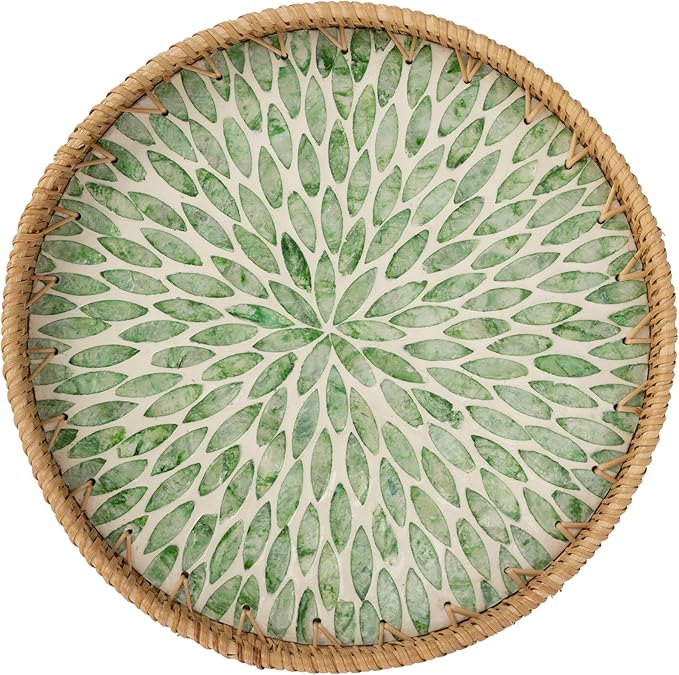 StorageWorks Decorative Coffee Table Trays for Home Decor, Round Rattan Tray with Mother of Pearl Inlay, Small Wicker Woven Serving Tray Decor for Kitchen Counter, Living Room and Ottoman, Green