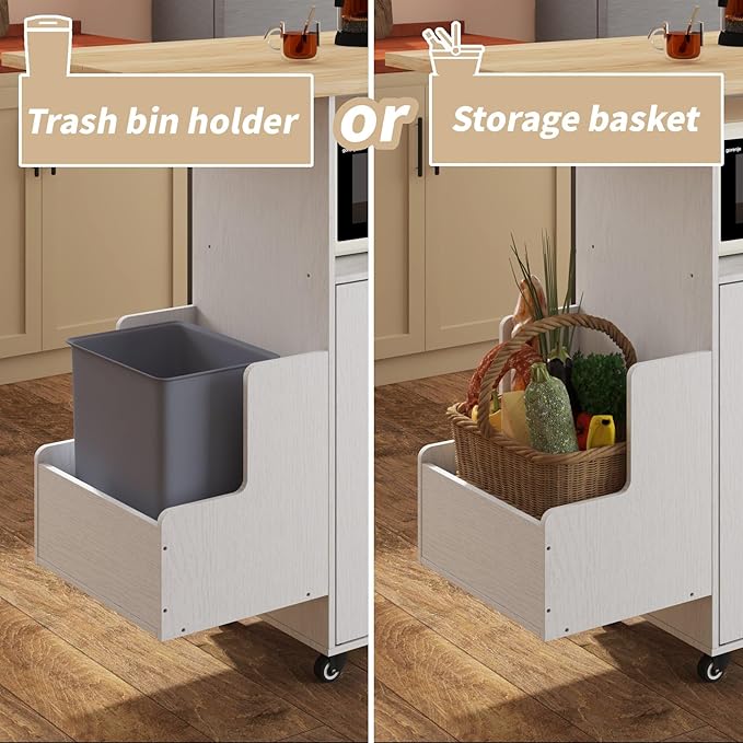 Rolling Mobile Kitchen Island with Storage and Drop Leaf on Wheels, 67" Desk Island for Kitchen with Power Socket and Drawer, Mobile Portable Carts with Spice Rack and Towel Rack (White, Model 3)