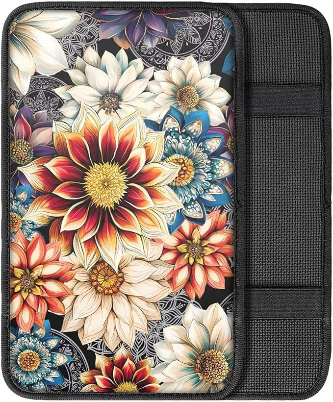 Boho Floral Armrest Cover for Car,Soft Car Center Console Covers,Universal Cars Interior Accessories Decor